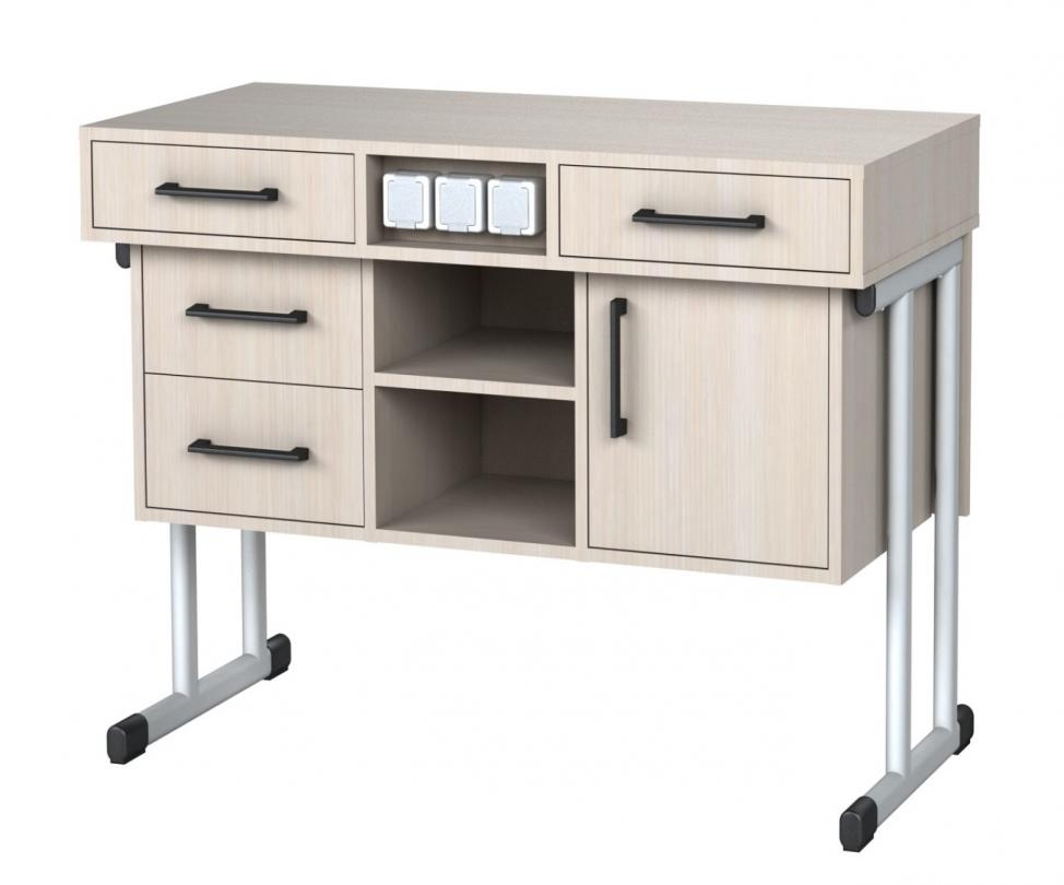 Стіл демонстраційний з 3-ма розетками та кронштейном, для кабінету фізики та хімії, з шухлядами,з покриттям HPL, 1200х750х900 мм, АНШАР ГРУП (100302 HPL)